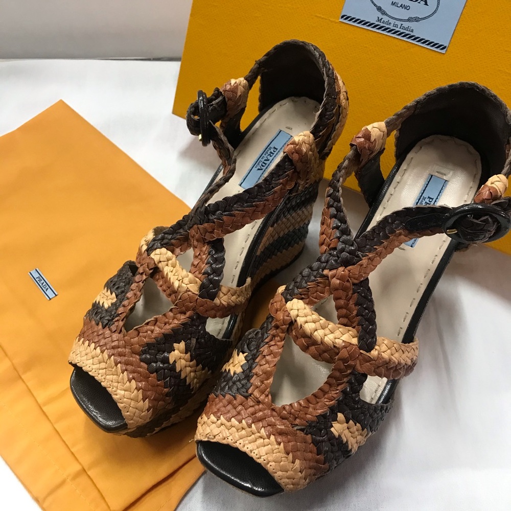 PRADA Brown Woven Leather Peep Toe Wedge Sandals - Picture 9 of 14